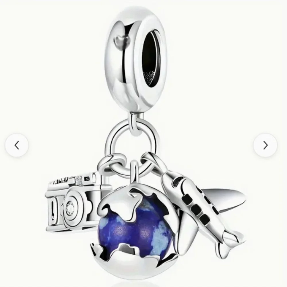 Silver Plated Metallic Globe Camera Airplane Travel Themed Fashion charm Pendant